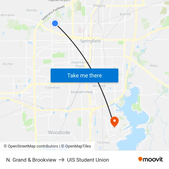 N. Grand & Brookview to UIS Student Union map