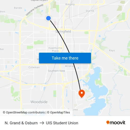 N. Grand & Osburn to UIS Student Union map