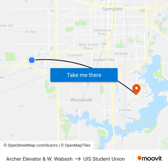 Archer Elevator & W. Wabash to UIS Student Union map