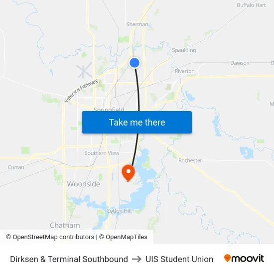 Dirksen & Terminal Southbound to UIS Student Union map