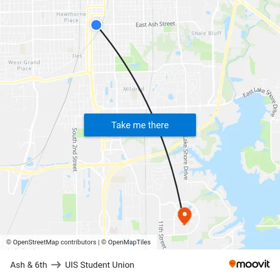 Ash & 6th to UIS Student Union map