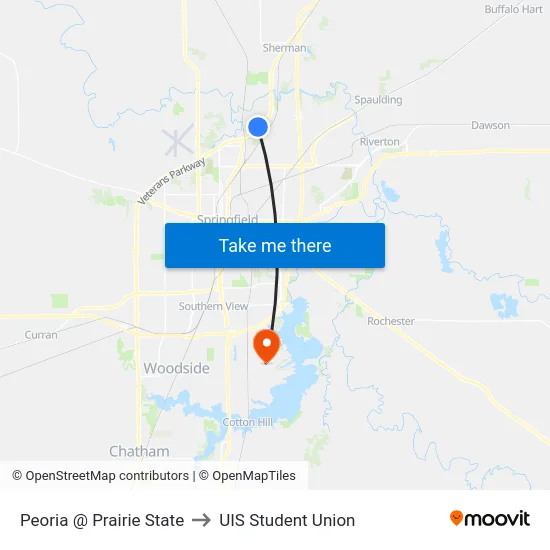 Peoria @ Prairie State to UIS Student Union map