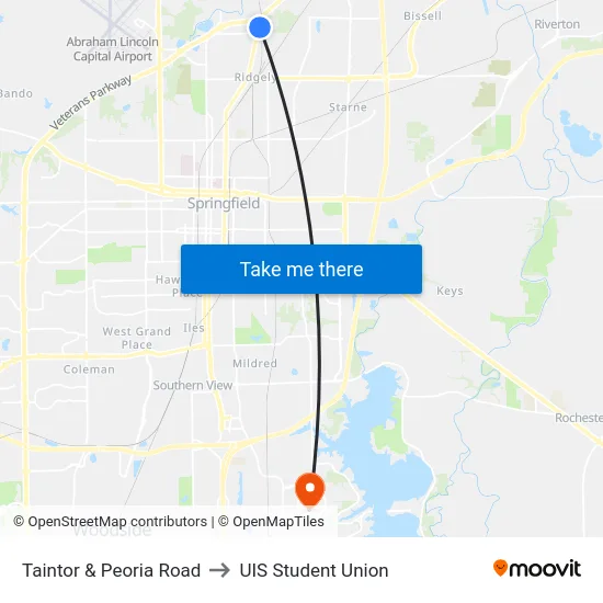 Taintor & Peoria Road to UIS Student Union map