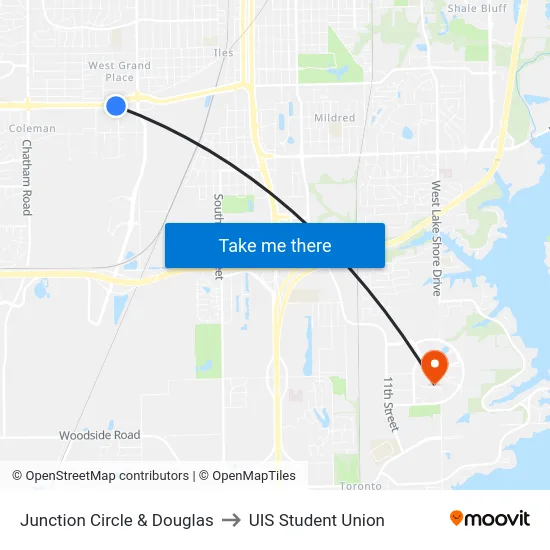 Junction Circle & Douglas to UIS Student Union map