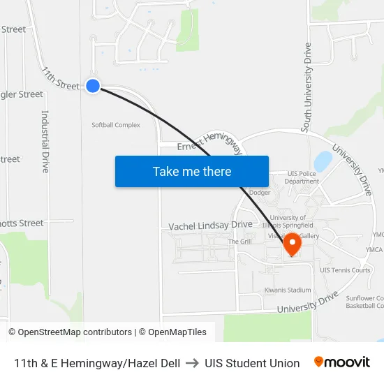 11th & E Hemingway/Hazel Dell to UIS Student Union map