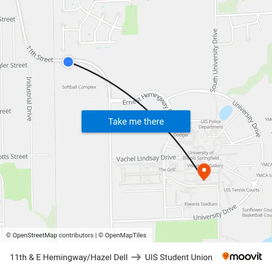 11th & E Hemingway/Hazel Dell to UIS Student Union map