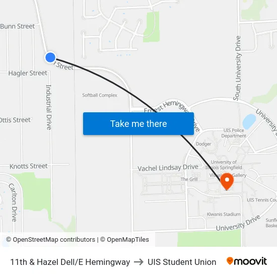 11th & Hazel Dell/E Hemingway to UIS Student Union map