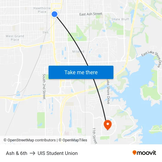 Ash & 6th to UIS Student Union map