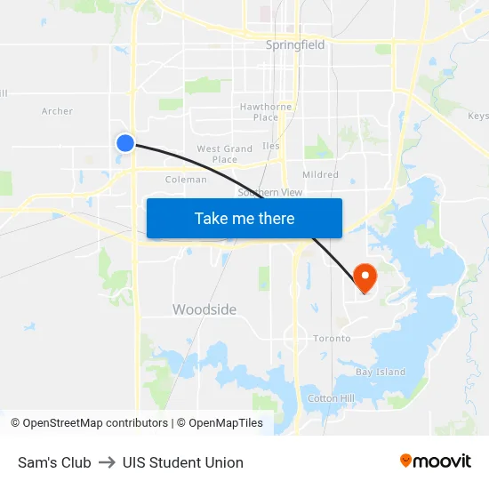 Sam's Club to UIS Student Union map