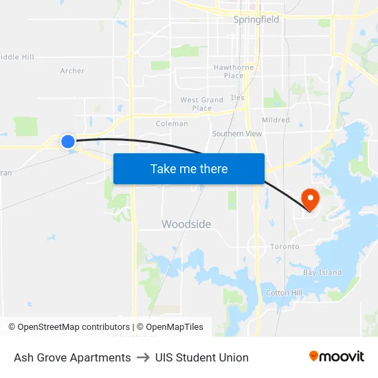 Ash Grove Apartments to UIS Student Union map