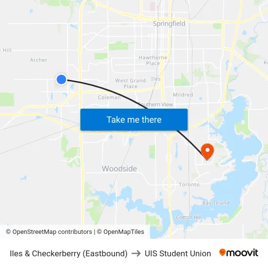 Iles & Checkerberry (Eastbound) to UIS Student Union map