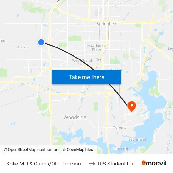 Koke Mill & Cairns/Old Jacksonville to UIS Student Union map