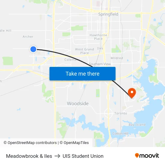 Meadowbrook & Iles to UIS Student Union map