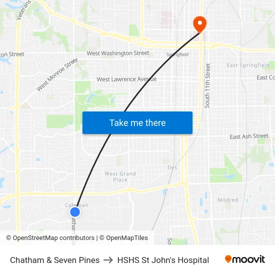 Chatham & Seven Pines to HSHS St John's Hospital map