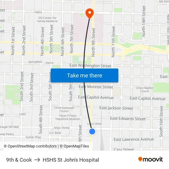 9th & Cook to HSHS St John's Hospital map