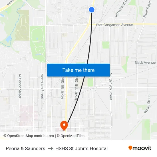 Peoria & Saunders to HSHS St John's Hospital map