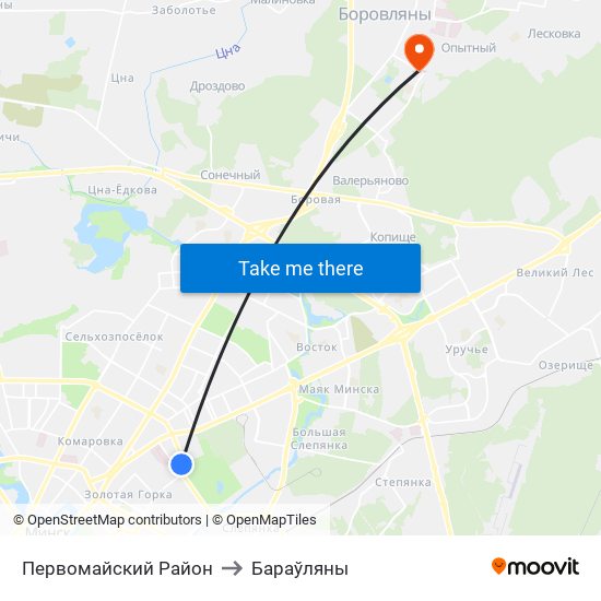 Первомайский Район to Бараўляны map