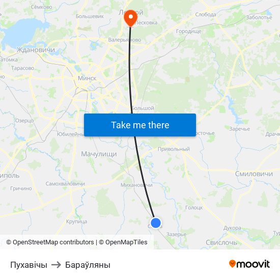 Пухавічы to Бараўляны map