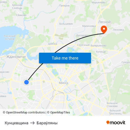 Кунцевщина to Бараўляны map