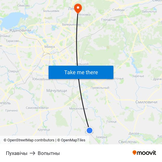 Пухавічы to Вопытны map