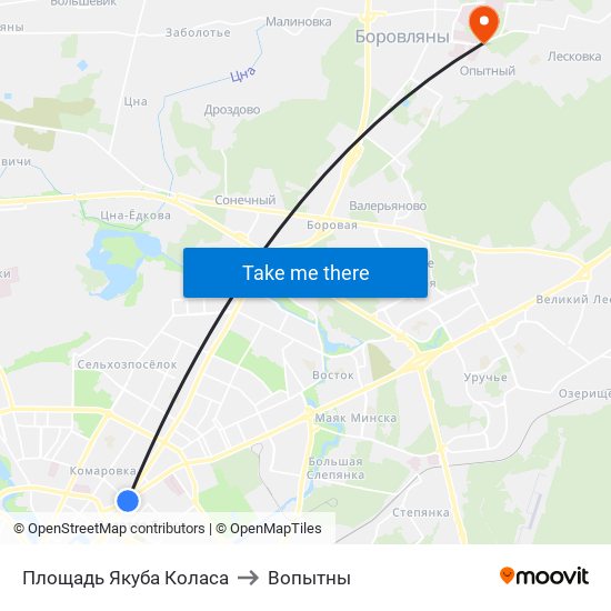 Площадь Якуба Коласа to Вопытны map