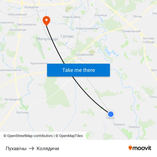 Пухавічы to Колядичи map