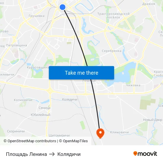 Площадь Ленина to Колядичи map