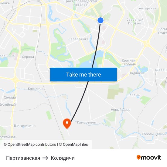 Партизанская to Колядичи map