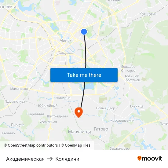 Академическая to Колядичи map