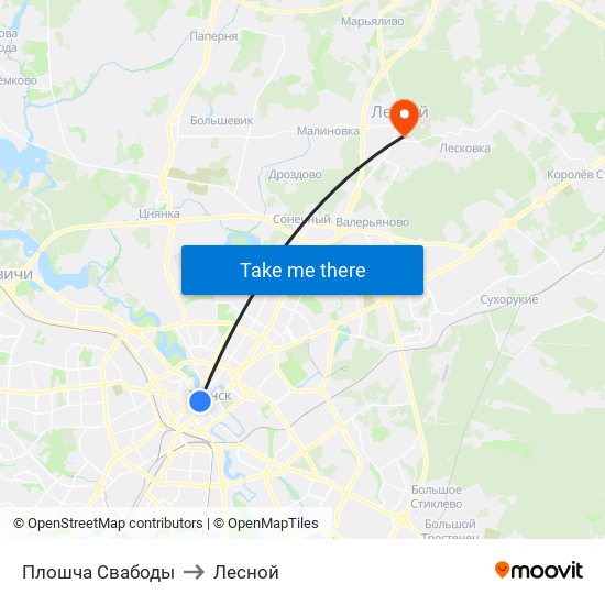 Плошча Свабоды to Лесной map