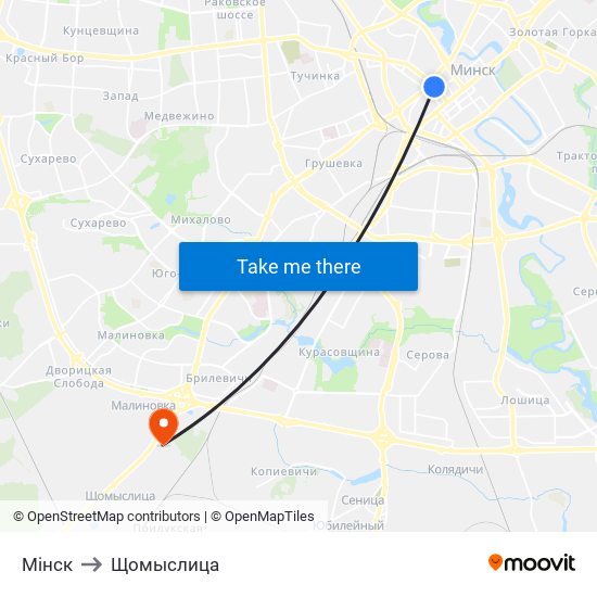 Мінск to Щомыслица map