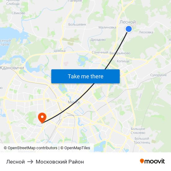 Лесной to Московский Район map