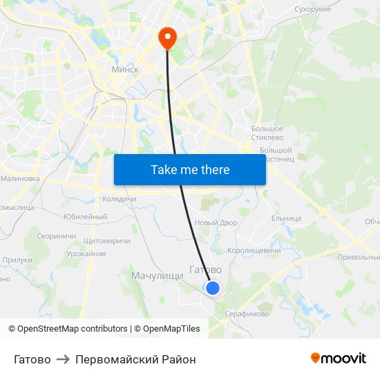 Гатово to Первомайский Район map