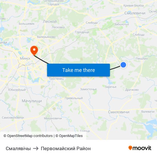 Смалявічы to Первомайский Район map