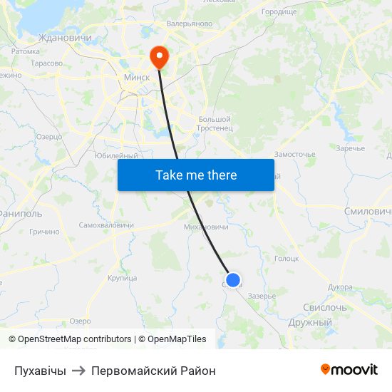 Пухавічы to Первомайский Район map