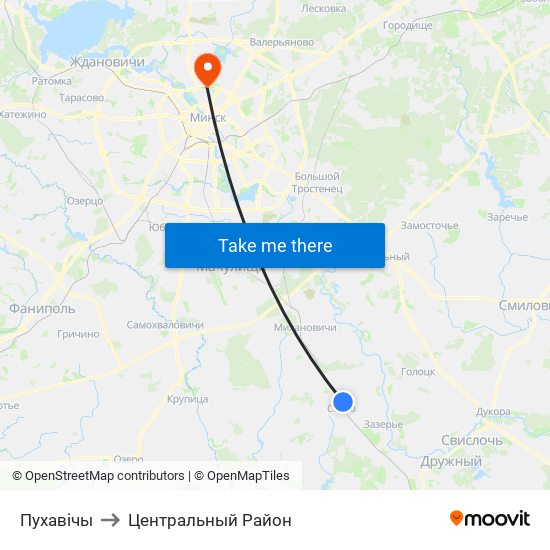 Пухавічы to Центральный Район map