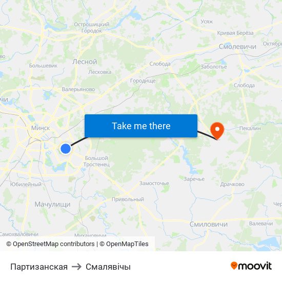 Партизанская to Смалявічы map