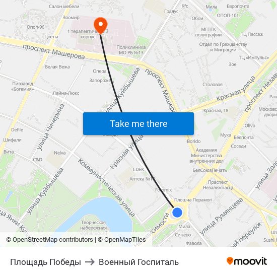 Площадь Победы to Военный Госпиталь map