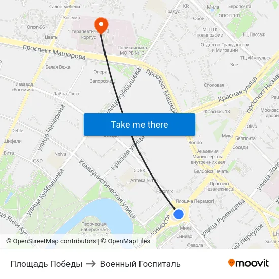 Площадь Победы to Военный Госпиталь map