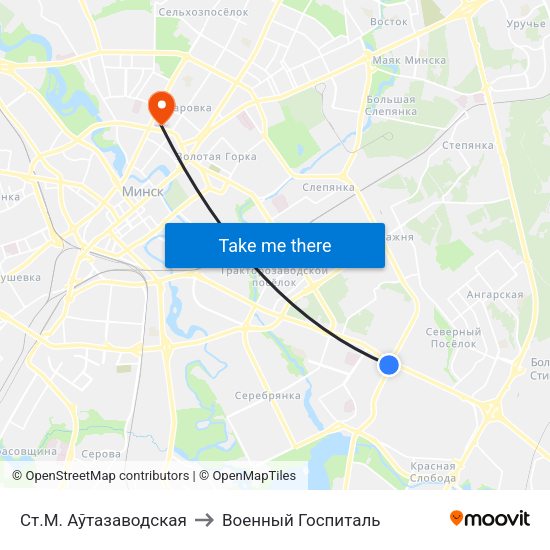 Ст.М. Аўтазаводская to Военный Госпиталь map