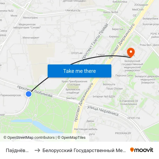 Паўднёвы Захад-2 to Белорусский Государственный Медицинский Университет map