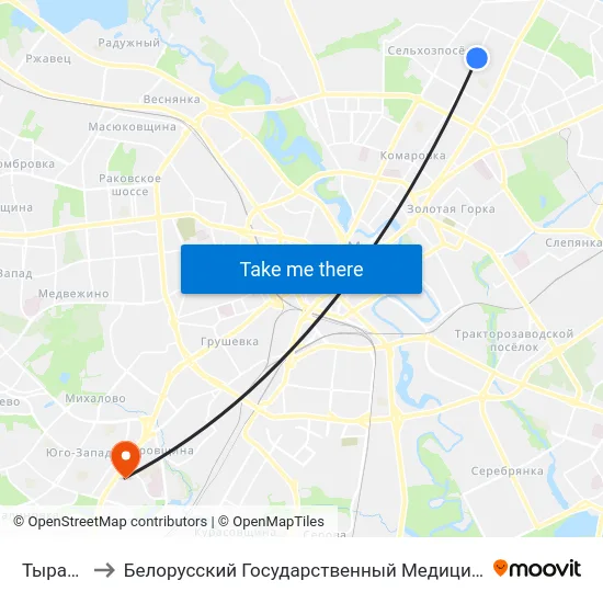 Тыражная to Белорусский Государственный Медицинский Университет map
