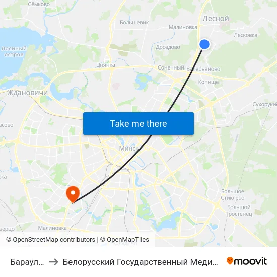 Бараўляны-6 to Белорусский Государственный Медицинский Университет map