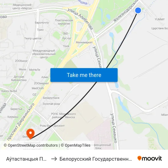 Аўтастанцыя Паўднёва-Заходняя to Белорусский Государственный Медицинский Университет map