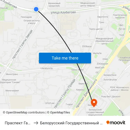 Праспект Газеты Звязда to Белорусский Государственный Медицинский Университет map