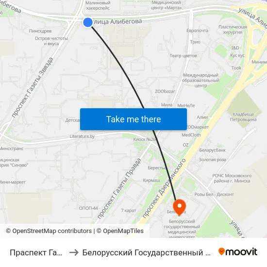 Праспект Газеты Звязда to Белорусский Государственный Медицинский Университет map
