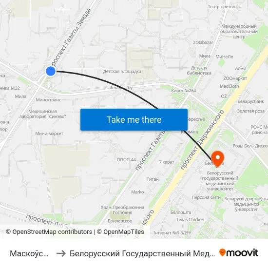 Маскоўскі Рынак to Белорусский Государственный Медицинский Университет map