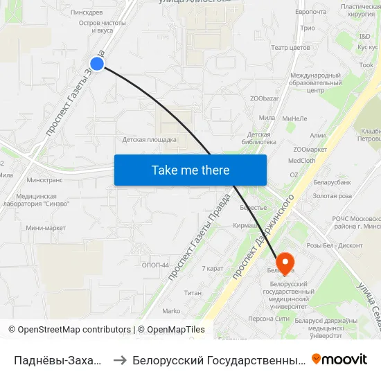 Паднёвы-Захад-1 (Юго-Запад-1) to Белорусский Государственный Медицинский Университет map
