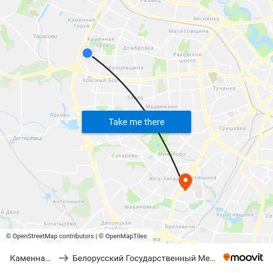Каменная Горка-5 to Белорусский Государственный Медицинский Университет map