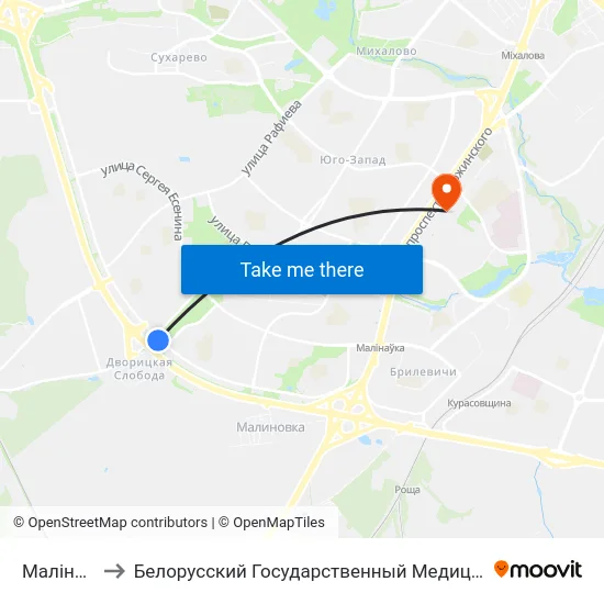Малінаўка-6 to Белорусский Государственный Медицинский Университет map